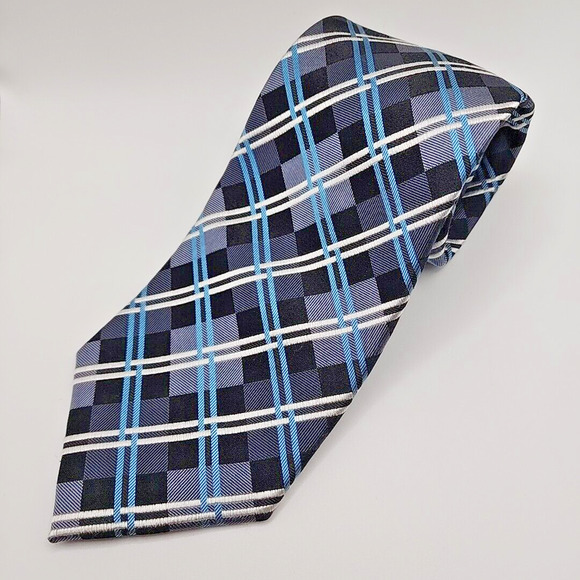 Geoffery Beene Blue-Silver Plaid Silk Tie Necktie - Like New - Picture 4 of 4